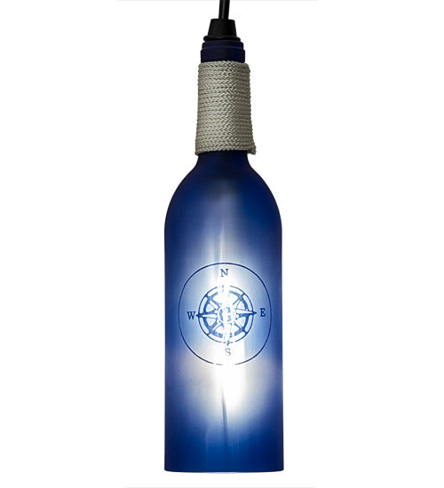 Meyda Lighting Coastal Collection 5" Black Mini Pendant Light With Blue Compass Sandblasted Wine Bottle Shade Glass
