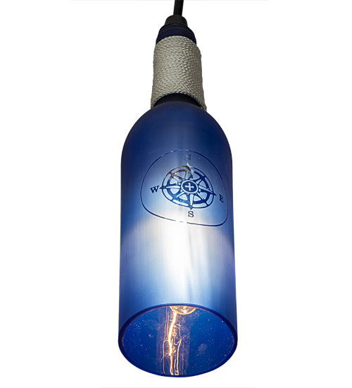 Meyda Lighting Coastal Collection 5" Black Mini Pendant Light With Blue Compass Sandblasted Wine Bottle Shade Glass