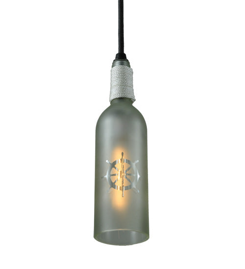 Meyda Lighting Coastal Collection 5" Black Ships Wheel Mini Pendant Light With Clear Wine Bottle Shade Glass