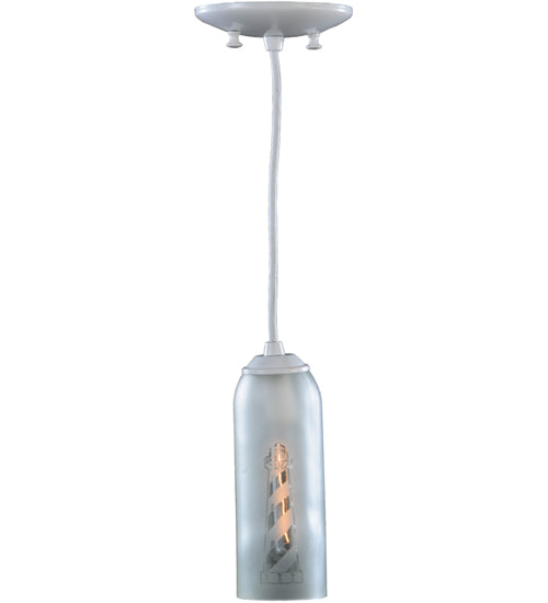 Meyda Lighting Coastal Collection 5" White Lighthouse Mini Pendant Light With Clear Frosted Wine Bottle Shade Glass