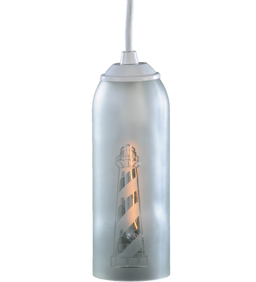 Meyda Lighting Coastal Collection 5" White Lighthouse Mini Pendant Light With Clear Frosted Wine Bottle Shade Glass
