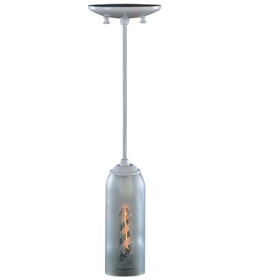 Meyda Lighting Coastal Collection 5" White Lighthouse Mini Pendant Light With Clear Frosted Wine Bottle Shade Glass