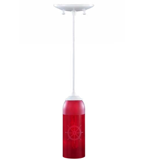 Meyda Lighting Coastal Collection 5" White Ships Wheel Mini Pendant Light With Red Wine Bottle Shade Glass