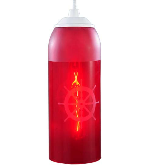 Meyda Lighting Coastal Collection 5" White Ships Wheel Mini Pendant Light With Red Wine Bottle Shade Glass