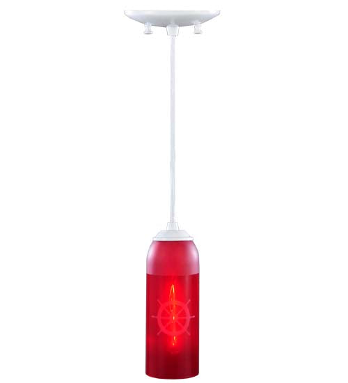 Meyda Lighting Coastal Collection 5" White Ships Wheel Mini Pendant Light With Red Wine Bottle Shade Glass