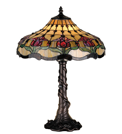 Meyda Lighting Colonial Tulip 20" Mahogany Bronze Table Lamp With Multi-Colored Shade Glass