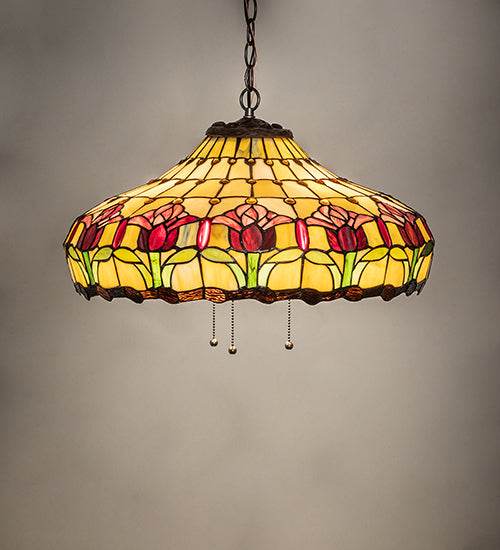 Meyda Lighting Colonial Tulip 21" 3-Light Mahogany Bronze Pendant Light With Stained Shade Glass