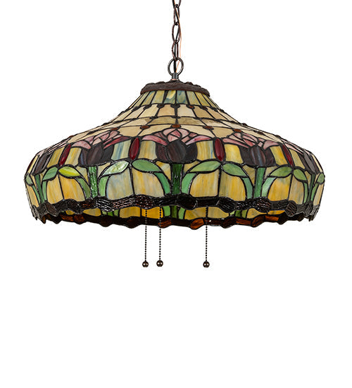 Meyda Lighting Colonial Tulip 21" 3-Light Mahogany Bronze Pendant Light With Stained Shade Glass