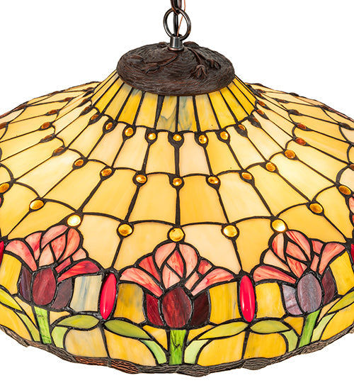Meyda Lighting Colonial Tulip 21" 3-Light Mahogany Bronze Pendant Light With Stained Shade Glass