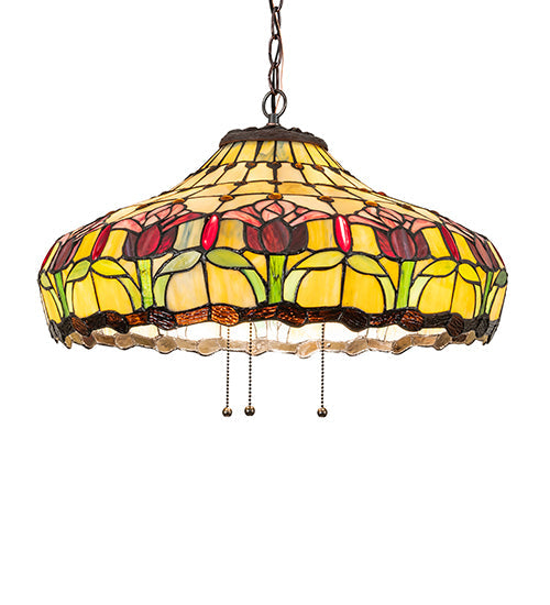 Meyda Lighting Colonial Tulip 21" 3-Light Mahogany Bronze Pendant Light With Stained Shade Glass