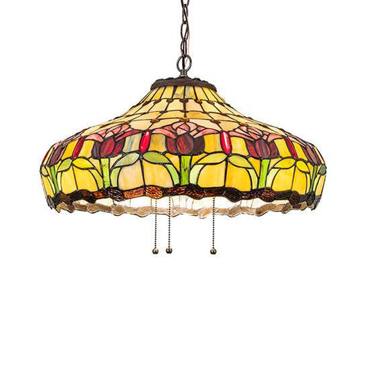 Meyda Lighting Colonial Tulip 21" 3-Light Mahogany Bronze Pendant Light With Stained Shade Glass