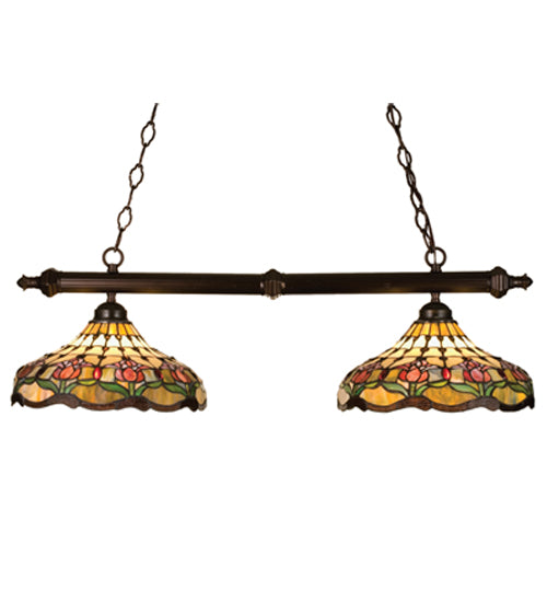 Meyda Lighting Colonial Tulip 37" 2-Light Mahogany Bronze Island Pendant Light With Multi-Colored Shade Glass