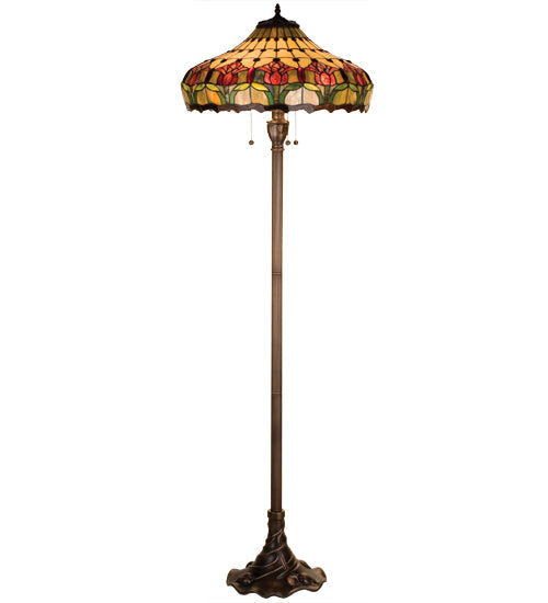 Meyda Lighting Colonial Tulip 64" 3-Light Mahogany Bronze Floor Lamp With Multi-Colored Shade Glass