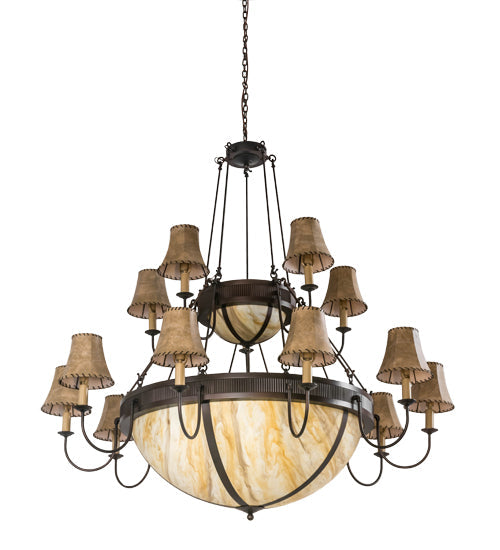 Meyda Lighting Commerce 74" 24-Light 2-Tier Mahogany Bronze Sportsman Chandelier With Beige Travertine Idalight Shade Glass