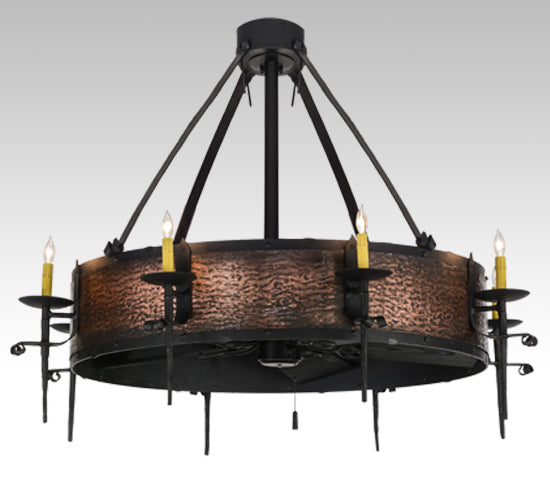 Meyda Lighting Costello 50" 8-Light Costello Black and Blackened Copper Chandelier With Amber Faux Candlelight and Fan