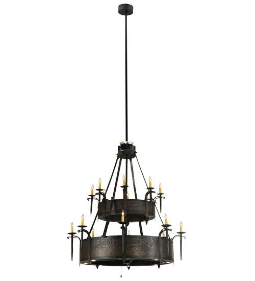 Meyda Lighting Costello 51" 28-Light 2-Tier Costello Black & Blackend Copper Chandelier With Faux Candlelight and Black Fan