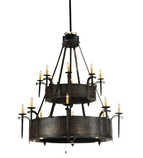 Meyda Lighting Costello 51" 28-Light 2-Tier Costello Black & Blackend Copper Chandelier With Faux Candlelight and Black Fan