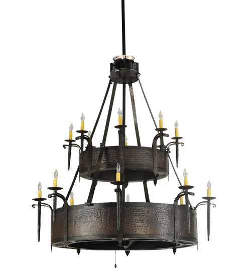 Meyda Lighting Costello 51" 28-Light 2-Tier Costello Black & Blackend Copper Chandelier With Faux Candlelight and Black Fan
