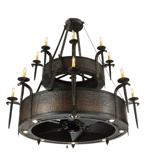 Meyda Lighting Costello 51" 28-Light 2-Tier Costello Black & Blackend Copper Chandelier With Faux Candlelight and Black Fan