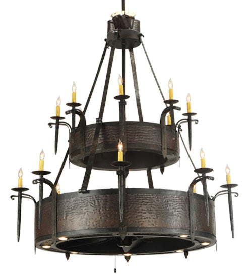 Meyda Lighting Costello 51" 28-Light 2-Tier Costello Black & Blackend Copper Chandelier With Faux Candlelight and Black Fan