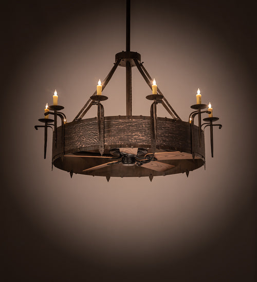 Meyda Lighting Costello 56" 10-Light Classic Rust & Blackened Copper Chandelier With Ivory Faux Candlelight and Fan