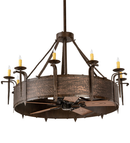 Meyda Lighting Costello 56" 10-Light Classic Rust & Blackened Copper Chandelier With Ivory Faux Candlelight and Fan