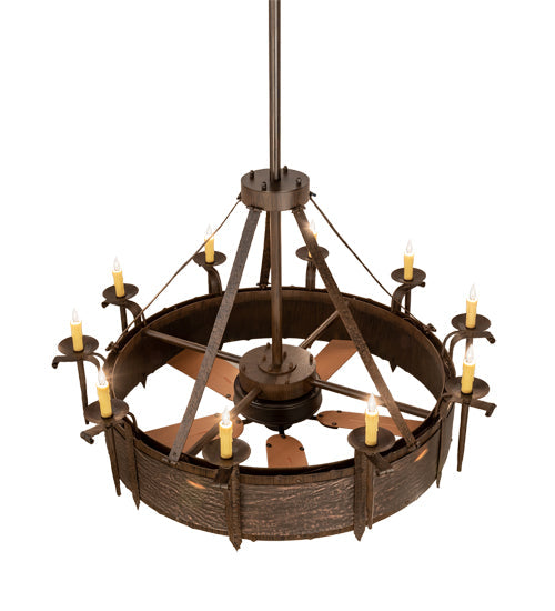 Meyda Lighting Costello 56" 10-Light Classic Rust & Blackened Copper Chandelier With Ivory Faux Candlelight and Fan