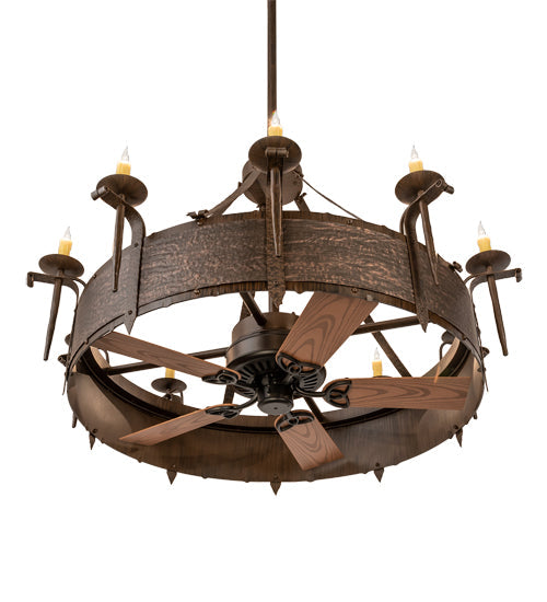 Meyda Lighting Costello 56" 10-Light Classic Rust & Blackened Copper Chandelier With Ivory Faux Candlelight and Fan