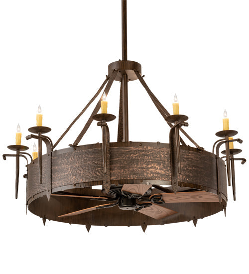 Meyda Lighting Costello 56" 10-Light Classic Rust & Blackened Copper Chandelier With Ivory Faux Candlelight and Fan