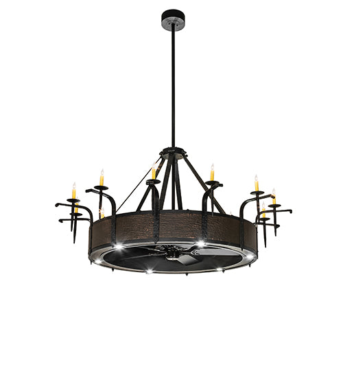Meyda Lighting Costello 74" 24-Light Costello Black & Blackened Copper Chandelier With Ivory Faux Candlelight and Fan