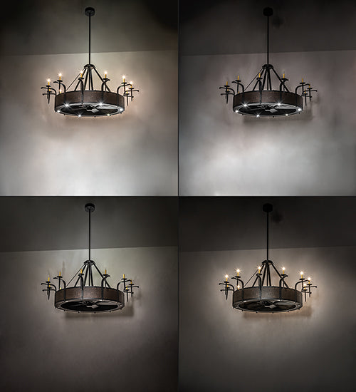 Meyda Lighting Costello 74" 24-Light Costello Black & Blackened Copper Chandelier With Ivory Faux Candlelight and Fan