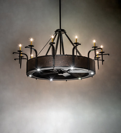 Meyda Lighting Costello 74" 24-Light Costello Black & Blackened Copper Chandelier With Ivory Faux Candlelight and Fan