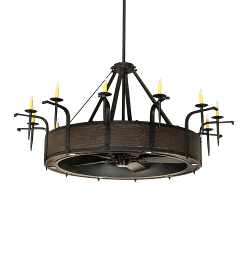 Meyda Lighting Costello 74" 24-Light Costello Black & Blackened Copper Chandelier With Ivory Faux Candlelight and Fan