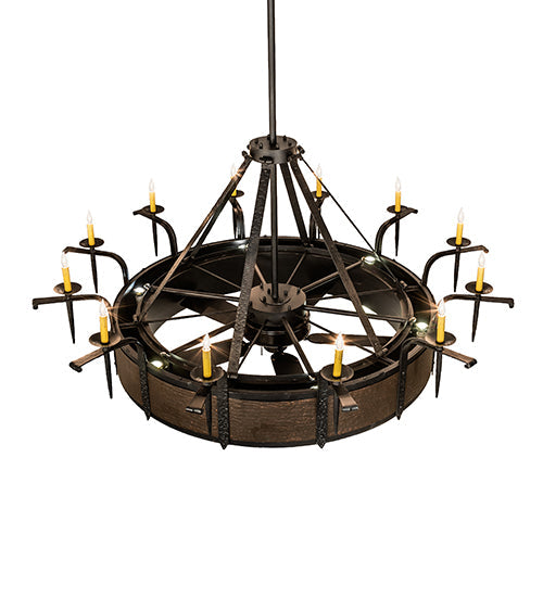 Meyda Lighting Costello 74" 24-Light Costello Black & Blackened Copper Chandelier With Ivory Faux Candlelight and Fan