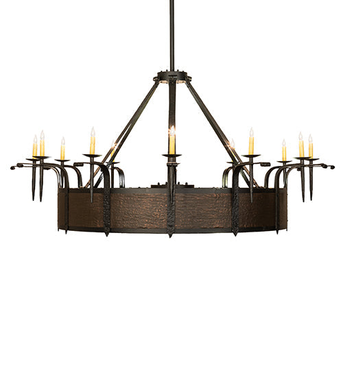 Meyda Lighting Costello 74" 24-Light Costello Black & Blackened Copper Chandelier With Ivory Faux Candlelight and Fan