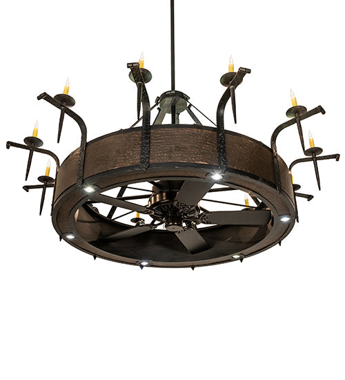 Meyda Lighting Costello 74" 24-Light Costello Black & Blackened Copper Chandelier With Ivory Faux Candlelight and Fan