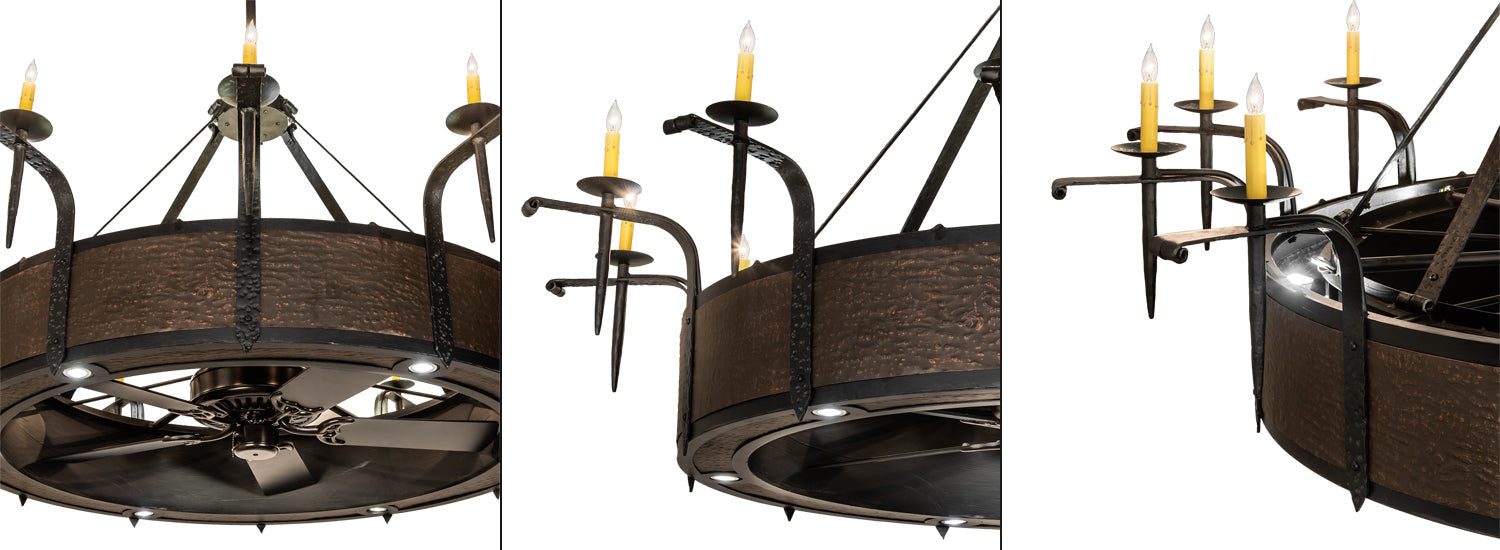 Meyda Lighting Costello 74" 24-Light Costello Black & Blackened Copper Chandelier With Ivory Faux Candlelight and Fan