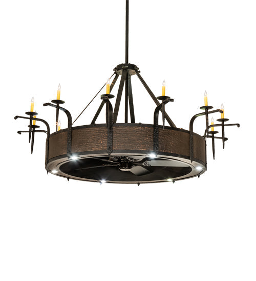 Meyda Lighting Costello 74" 24-Light Costello Black & Blackened Copper Chandelier With Ivory Faux Candlelight and Fan