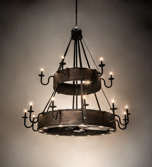 Meyda Lighting Costello 74" 34-Light 2-Tier Costello Black & Blackened Copper Chandelier With Black Faux Candlelight and Fan