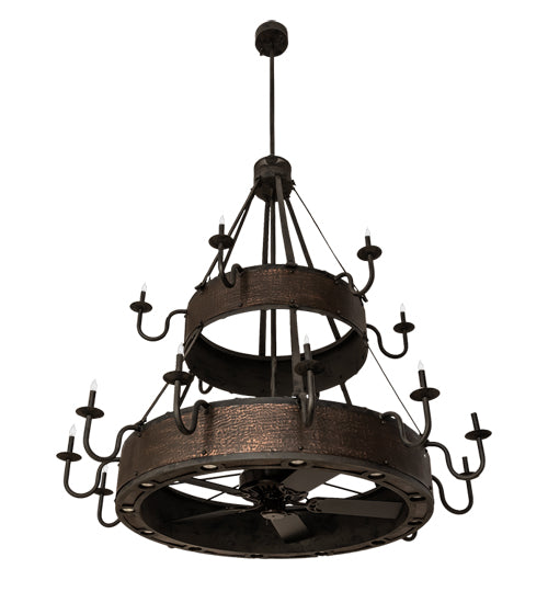 Meyda Lighting Costello 74" 34-Light 2-Tier Costello Black & Blackened Copper Chandelier With Black Faux Candlelight and Fan