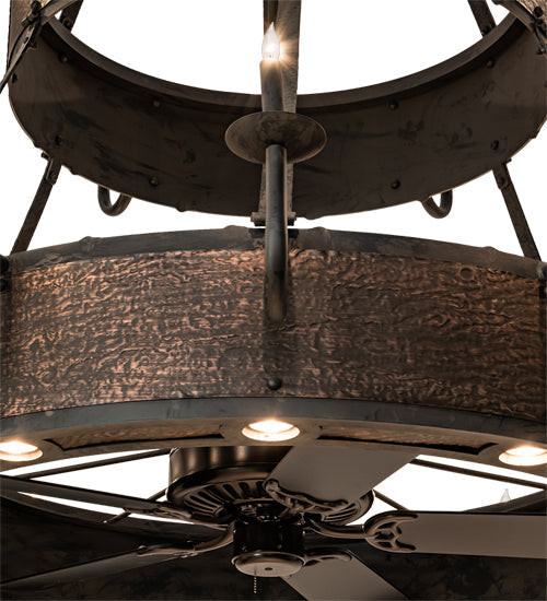 Meyda Lighting Costello 74" 34-Light 2-Tier Costello Black & Blackened Copper Chandelier With Black Faux Candlelight and Fan
