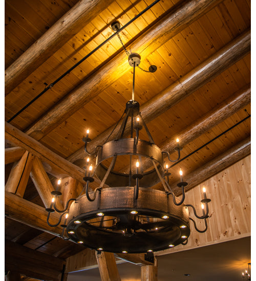Meyda Lighting Costello 74" 34-Light 2-Tier Costello Black & Blackened Copper Chandelier With Black Faux Candlelight and Fan