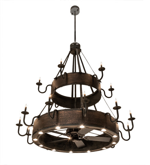 Meyda Lighting Costello 74" 34-Light 2-Tier Costello Black & Blackened Copper Chandelier With Black Faux Candlelight and Fan