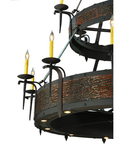 Meyda Lighting Costello 74" 34-Light 2-Tier Costello Black & Blackened Copper Chandelier With Faux Candlelight and Fan