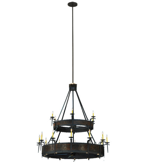 Meyda Lighting Costello 74" 34-Light 2-Tier Costello Black & Blackened Copper Chandelier With Faux Candlelight and Fan