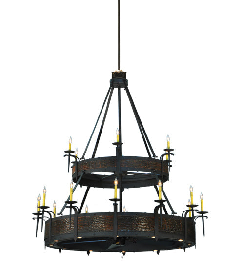 Meyda Lighting Costello 74" 34-Light 2-Tier Costello Black & Blackened Copper Chandelier With Faux Candlelight and Fan