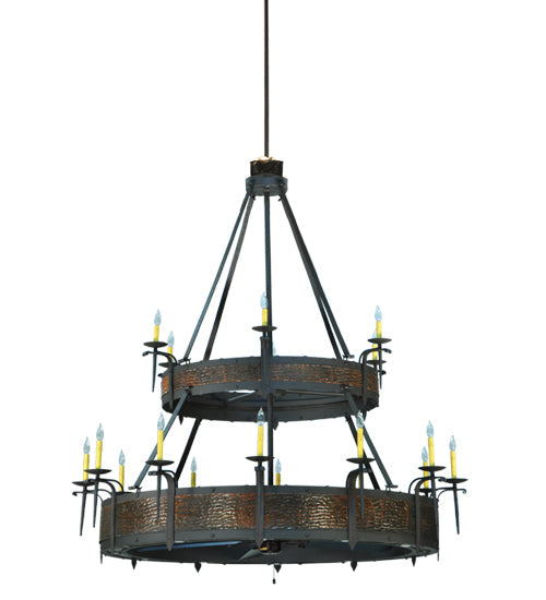 Meyda Lighting Costello 74" 34-Light 2-Tier Costello Black & Blackened Copper Chandelier With Faux Candlelight and Fan