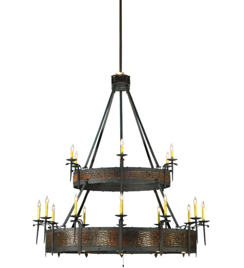 Meyda Lighting Costello 74" 34-Light 2-Tier Costello Black & Blackened Copper Chandelier With Faux Candlelight and Fan