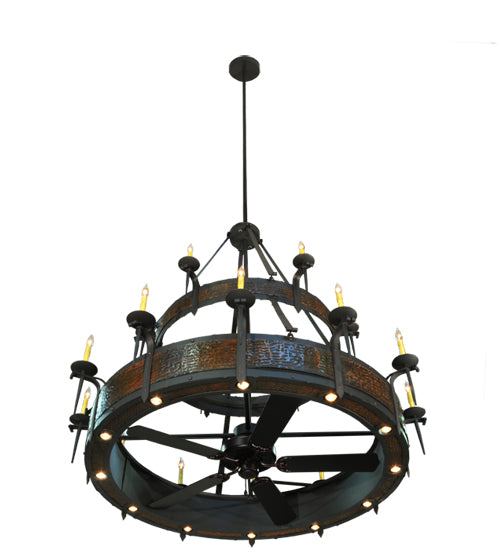 Meyda Lighting Costello 74" 34-Light 2-Tier Costello Black & Blackened Copper Chandelier With Faux Candlelight and Fan