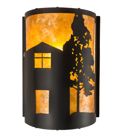 Meyda Lighting County Fair 180325 8" Textured Black Wall Sconce With Amber Mica Shade Glass